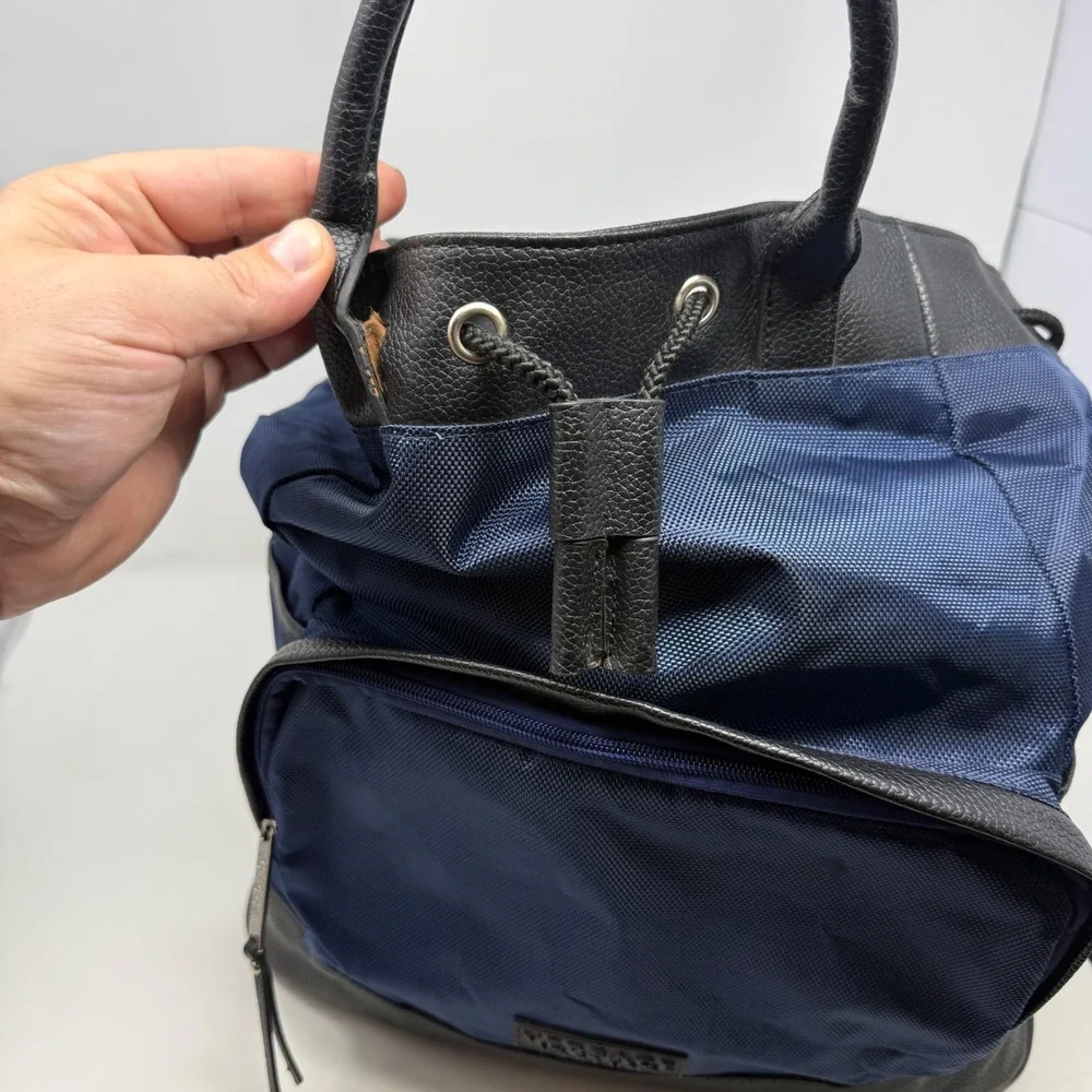 Versace Parfums Navy Blue Nylon Backpack Tote Bag Greca Straps Black Trim